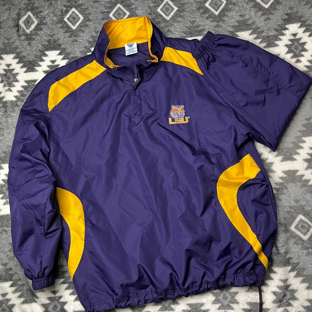 VTG LSU Tigers Mens L Purple Gold Windbreaker Quarter Zip Jacket NCAA